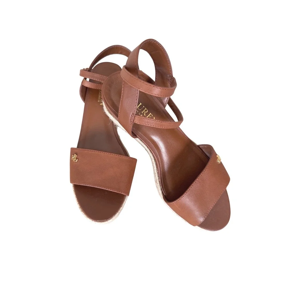 Lauren Ralph Lauren Delores Espadrille‎ Wedge Sandals Brown Leather 7B